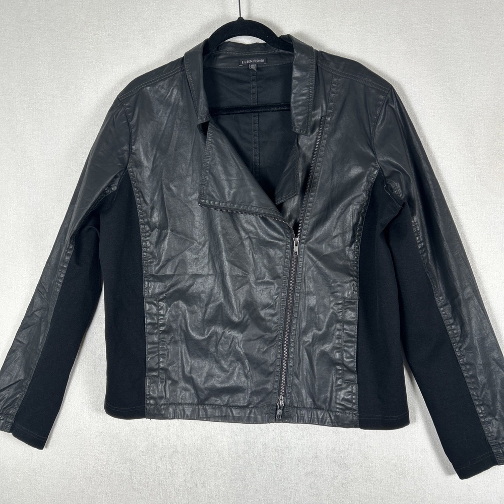 Eileen Fisher Black Moto Jacket Asymmetrical Zip, Women's Size XL‎ Biker Style